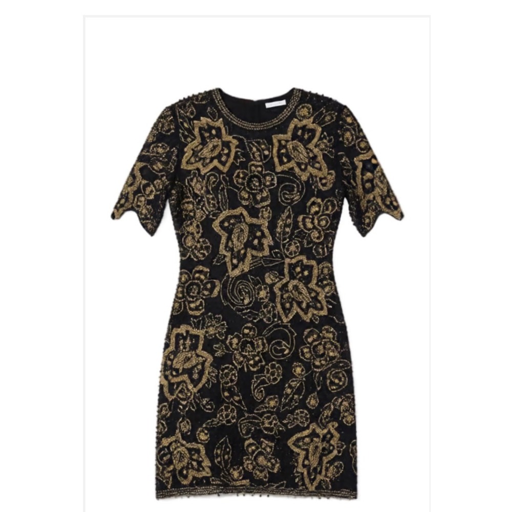 Black Tie Beaded Dress Size 10 Gold Flowers Vintage Cocktail Party